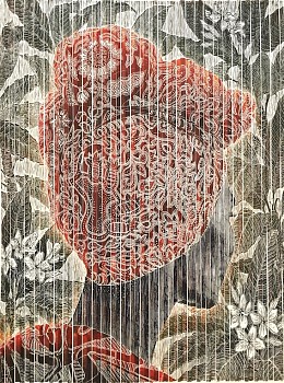 20 racheal with doek and plumeria flowers 72 x 53 folded linolium print with string system edition 15 2018