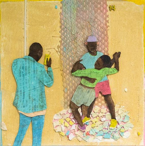 THONTON KABEYA, MOZIKI STREET SERIES XIV
2023, SCULPTED CANVAS, ACRYLIC, WALNUT POWDER AND NEWSPAPER INK TRANSFER