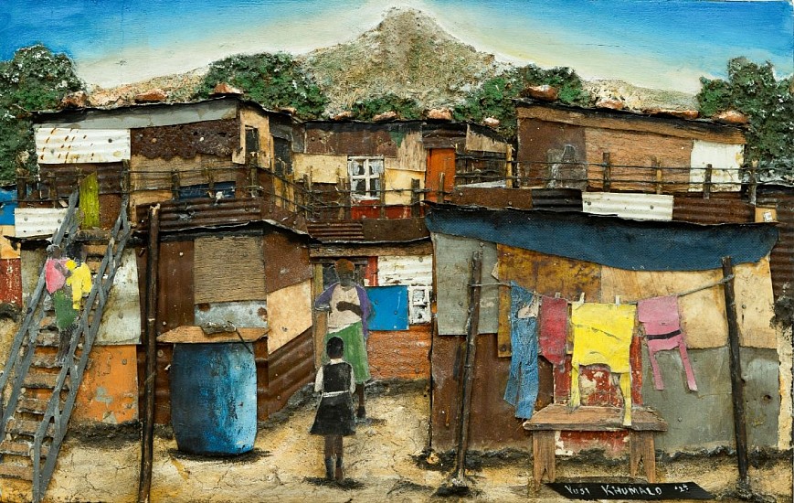 VUSI KHUMALO, DUPLEX INFORMAL SETTLEMENT
2024, MIXED MEDIA COLLAGE ON PLYWOOD BOARD