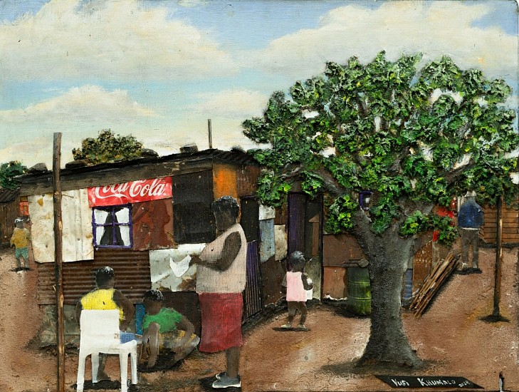 VUSI KHUMALO, HOMESTEAD IN GWALA INFORMAL SETTLEMENT
2024, MIXED MEDIA COLLAGE ON PLYWOOD BOARD