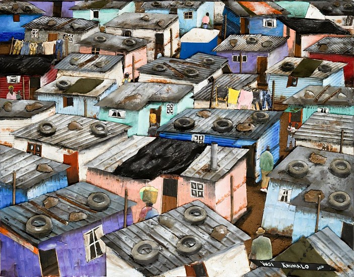 VUSI KHUMALO, CITY BLUES INFORMAL SETTLEMENT
2024, MIXED MEDIA COLLAGE ON PLYWOOD BOARD