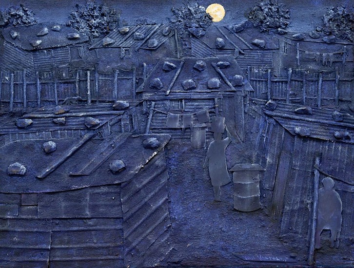 VUSI KHUMALO, NIGHT SCENE FULL MOON IN KWAZAKHELE
2024, MIXED MEDIA COLLAGE ON PLYWOOD BOARD