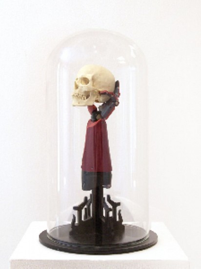 MICHAEL MACGARRY, PERMANENT PROGRESS
FOUND OBJECT, ZINC-PLATED MILD STEEL, ENAMEL, 1/3 SCALE POLY-URETHANE SKULL