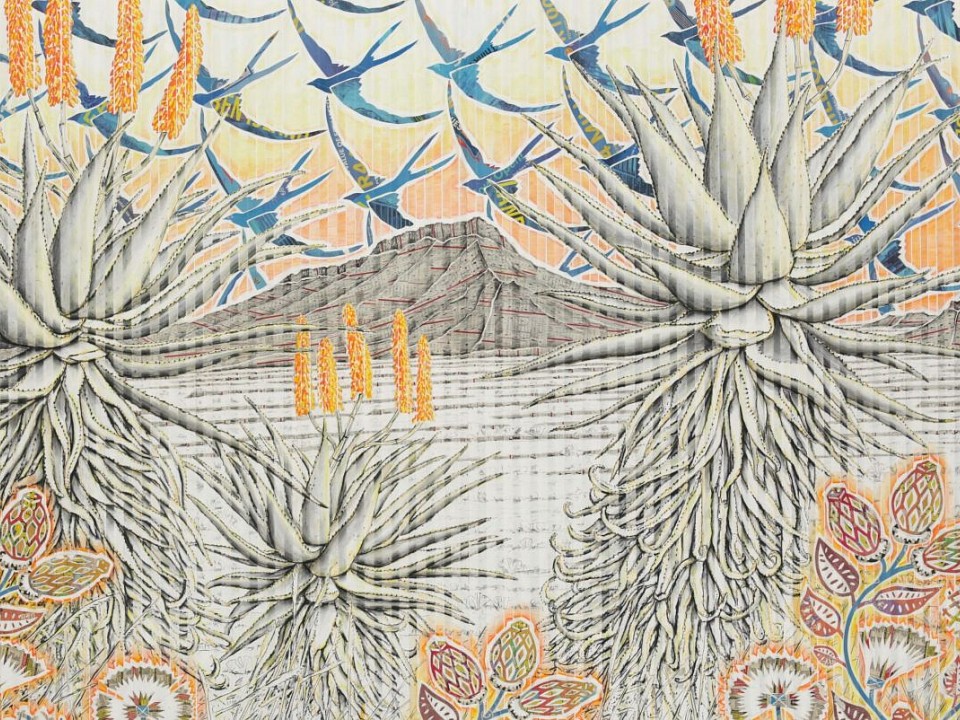 website 6) Three Graaf Reinet Aloes with Blue Swallow Sky, 153 x 185cm, chalk pastel and newsprint on pleated paper, 2025