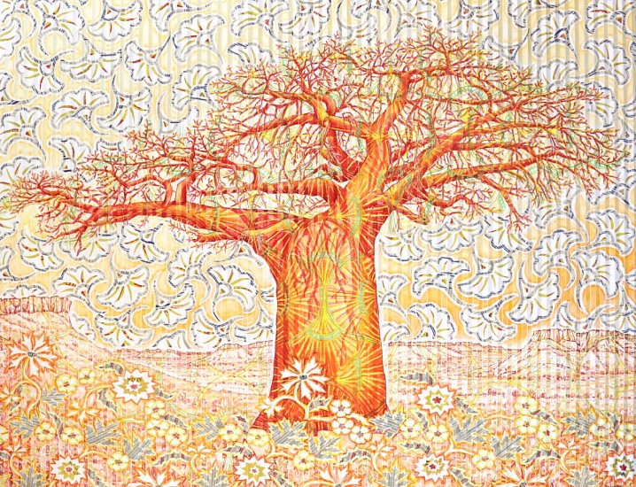 GARY STEPHENS, SUNRISE BAOBAB WITH FLOWER PETAL SKY, MAPUNGUBWE
CHALK PASTEL AND NEWSPRINT COLLAGE ON PLEATED PAPER