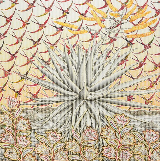 GARY STEPHENS, MOUNTAIN SANCTUARY, ALOE WITH RED SWALLOW SKY
CHALK PASTEL AND NEWSPRINT COLLAGE ON PLEATED PAPER