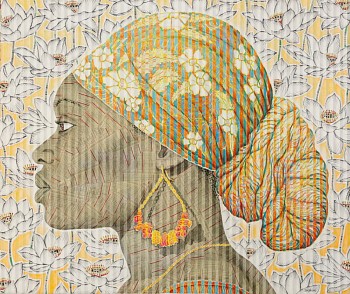 4 leticia orange blue floral scarf with lotus 132 x 157cm chalk pastel and newsprint on pleated paper 2025 copy