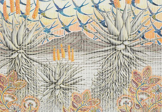 6 three graaf reinet aloes with blue swallow sky 153 x 185cm chalk pastel and newsprint on pleated paper